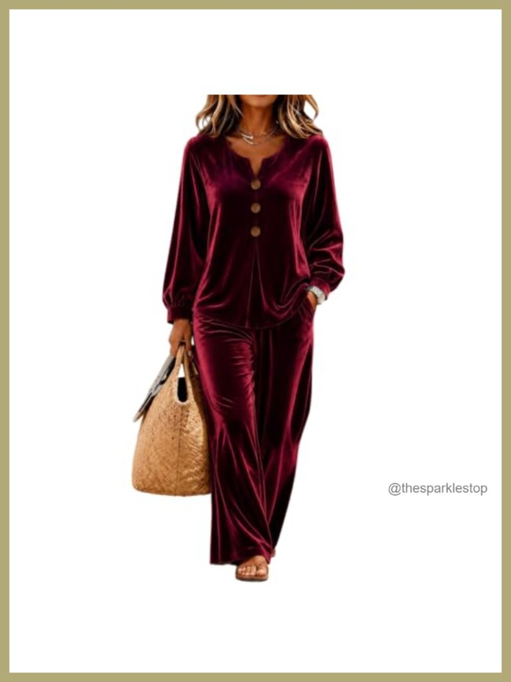 Velvet 2 Piece Lounge Set V Neck Button Top Wide Leg Pants
